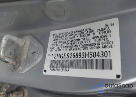 2003 Honda Civic Ex from USA, damaged, VIN 2HGES26893H504301